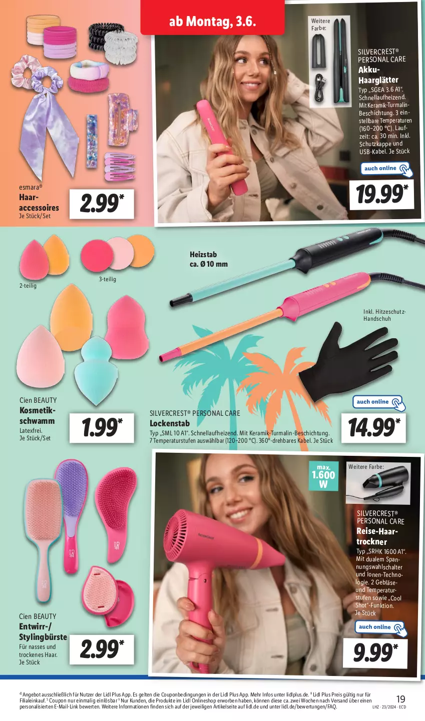 Aktueller Prospekt Lidl - Aktionsprospekt - von 03.06 bis 08.06.2024 - strona 25 - produkty: ACC, accessoires, akku, angebot, bürste, Cien, coupon, eis, esmara, gsw, haarglätter, haartrockner, kosmetik, Lockenstab, Persona, reis, Schal, schwamm, silvercrest, Ti, Trockner, usb