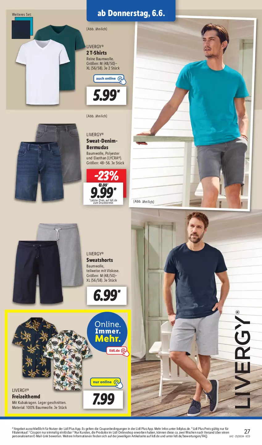 Aktueller Prospekt Lidl - Aktionsprospekt - von 03.06 bis 08.06.2024 - strona 35 - produkty: angebot, Bau, baumwolle, bermuda, bermudas, coupon, eis, Freizeithemd, hemd, livergy, Persona, reine baumwolle, reis, Ria, schnitten, shirt, shirts, shorts, sweatshorts, T-Shirt, Ti, wolle, ZTE