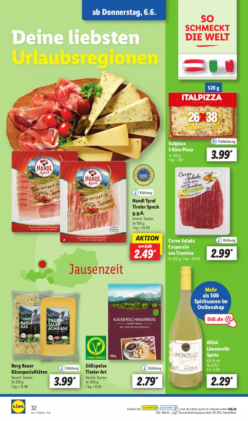 Aktueller Prospekt Lidl - Aktionsprospekt - von 03.06 bis 08.06.2024 - strona 42 - produkty: ACC, auer, Bau, Bauer, Carne Salada, Carpaccio, eis, Käse, limo, ndk, pizza, Schal, Schale, Speck, Spezi, spirituosen, Ti