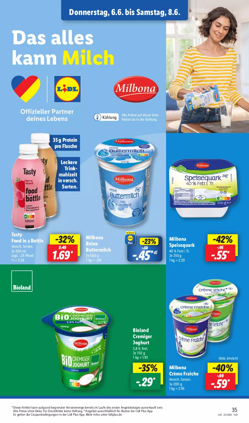 Aktueller Prospekt Lidl - Aktionsprospekt - von 03.06 bis 08.06.2024 - strona 45 - produkty: angebot, bio, bioland, Bona, butter, buttermilch, coupon, crème fraîche, eis, flasche, joghur, joghurt, Milbona, milch, quark, reine buttermilch, reis, speisequark, Ti, ZTE