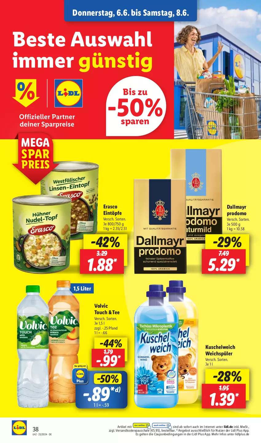 Aktueller Prospekt Lidl - Aktionsprospekt - von 03.06 bis 08.06.2024 - strona 50 - produkty: angebot, coupon, dallmayr, dallmayr prodomo, eintöpfe, eis, erasco, Kuschelweich, ndk, prodomo, reis, Schal, Schale, tee, Ti, volvic, weichspüler