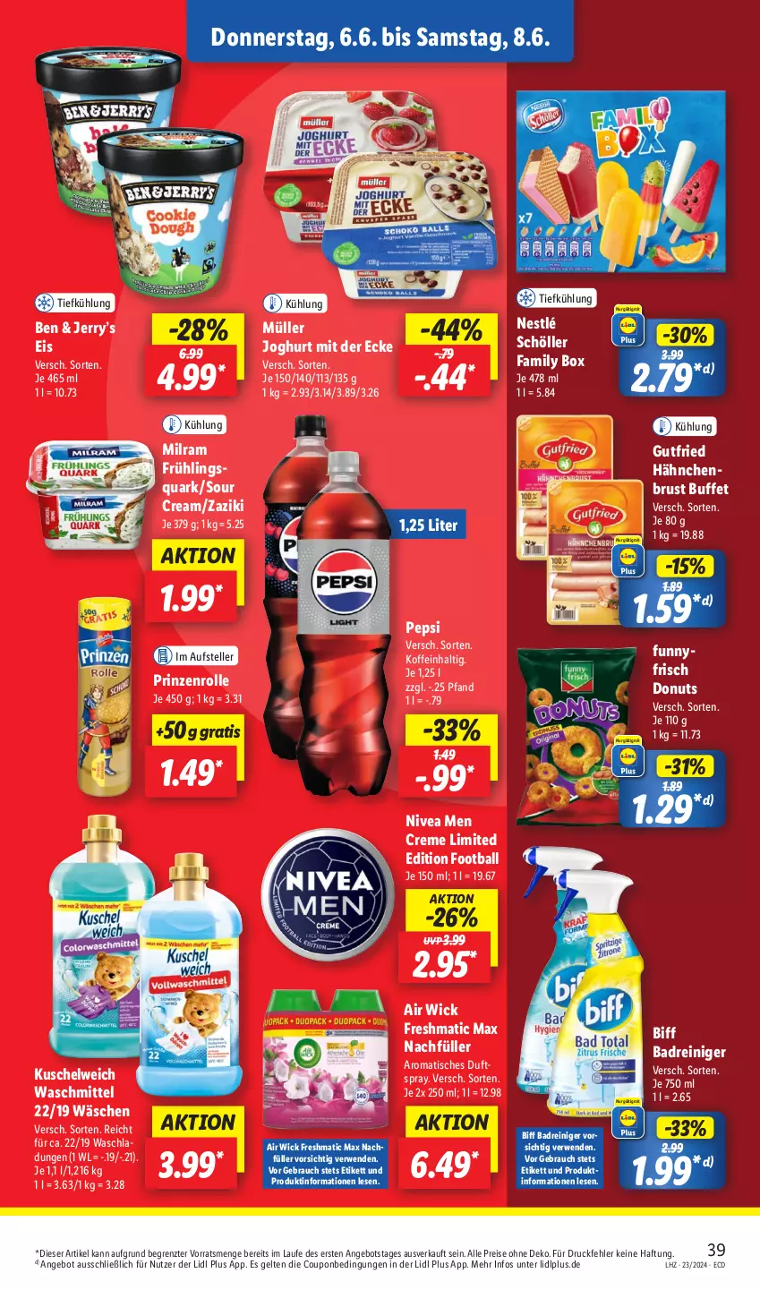 Aktueller Prospekt Lidl - Aktionsprospekt - von 03.06 bis 08.06.2024 - strona 51 - produkty: Air Wick, angebot, Bad, ball, biff, coupon, creme, Donut, donuts, Duftspray, eis, elle, gutfried, hähnchenbrust, joghur, joghurt, joghurt mit der ecke, Kuschelweich, milram, Müller, nestlé, nestlé schöller, nivea, Nivea Men, pepsi, prinzenrolle, quark, Rauch, reiniger, reis, rwe, Schöller, sour cream, teller, Ti, tisch, waschmittel, WICK, zaziki, ZTE