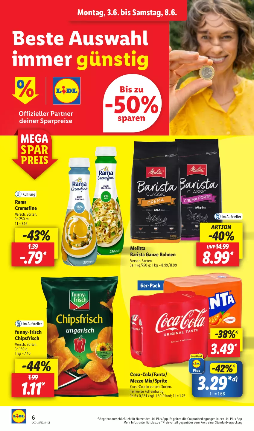 Aktueller Prospekt Lidl - Aktionsprospekt - von 03.06 bis 08.06.2024 - strona 8 - produkty: angebot, bohne, bohnen, chips, chipsfrisch, coca-cola, cola, coupon, creme, eis, elle, fanta, funny-frisch, melitta, Mezzo Mix, preisvorteil, rama, rama cremefine, reis, sprite, teller, Ti