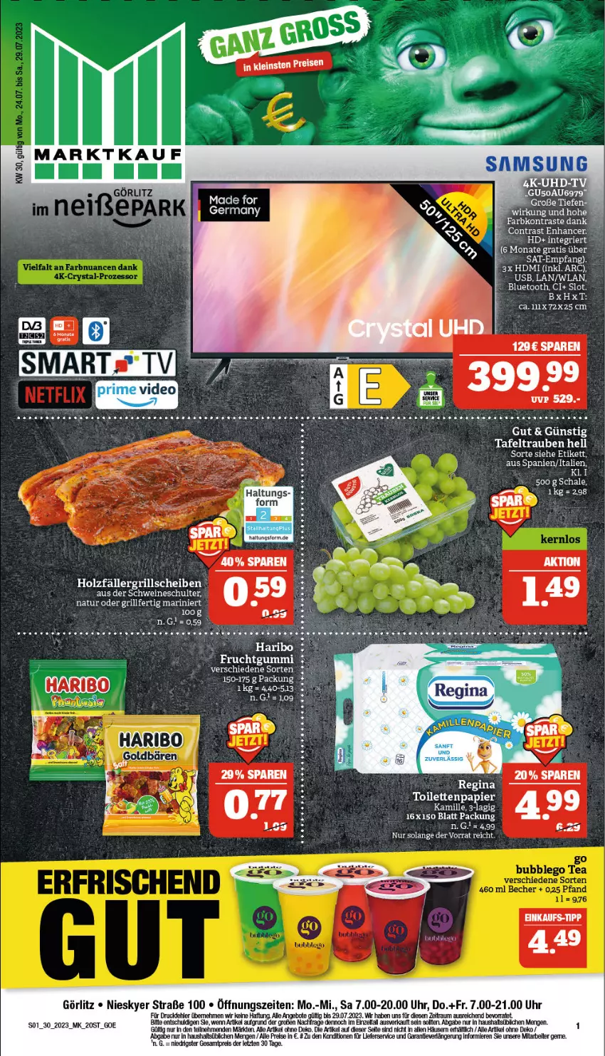 Aktueller Prospekt Marktkauf - Prospekt - von 23.07 bis 29.07.2023 - strona 1 - produkty: angebot, angebote, deka, eier, eis, ente, frucht, fruchtgummi, grill, haribo, HDMI, Holz, Kamill, kamille, lieferservice, natur, papier, reis, Schal, Schale, schwein, schweine, tafeltrauben, tee, Ti, toilettenpapier, trauben, uhr, wein, weine, ZTE