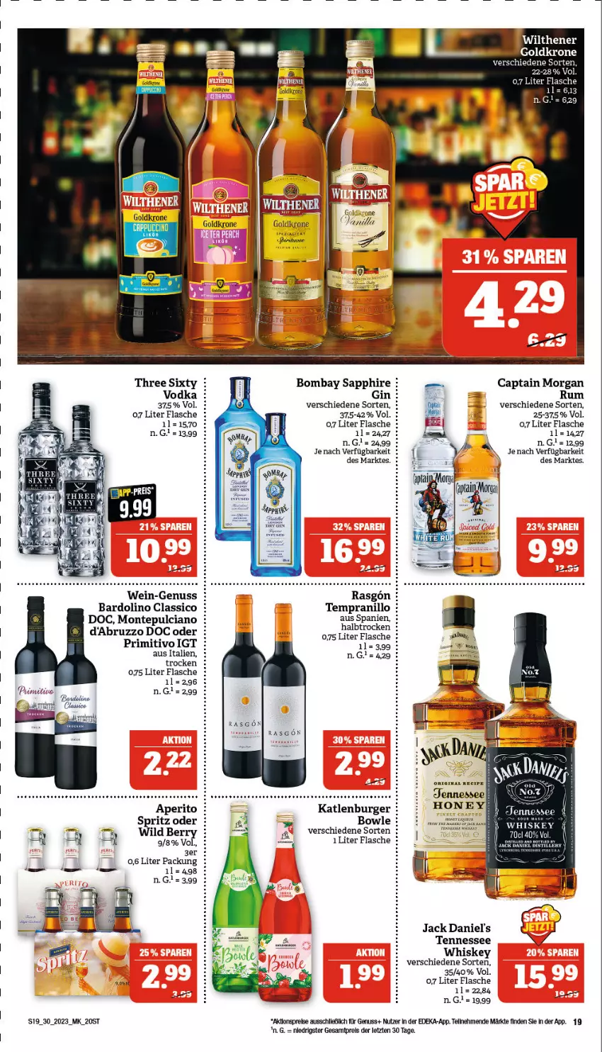 Aktueller Prospekt Marktkauf - Prospekt - von 23.07 bis 29.07.2023 - strona 19 - produkty: aktionspreis, Bau, bombay sapphire, bowle, burger, Cap, captain morgan, classico, deka, eis, flasche, gin, goldkrone, katlenburger, krone, monte, Montepulciano, nuss, primitivo, rasen, reis, rum, sapphire, Spezi, tempranillo, Three Sixty, Ti, vodka, wein, whiskey, Wild, wild berry, wilthener, Wilthener Goldkrone, ZTE