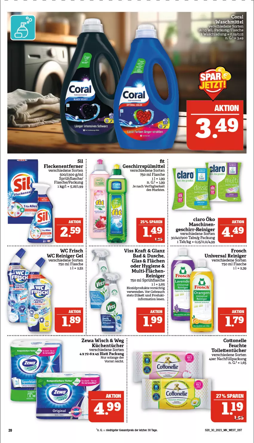 Aktueller Prospekt Marktkauf - Prospekt - von 23.07 bis 29.07.2023 - strona 20 - produkty: Bad, bio, biozidprodukte, Coral, cottonelle, dusche, eis, elle, flasche, Fleckenentferner, Frosch, geschirr, geschirrspülmittel, kraft, küche, Küchen, küchentücher, lack, Rauch, reiniger, reiniger gel, reis, rwe, sprühflasche, spülmittel, tee, Ti, toilettentücher, tücher, velvet, waschmittel, wc frisch, zewa, ZTE