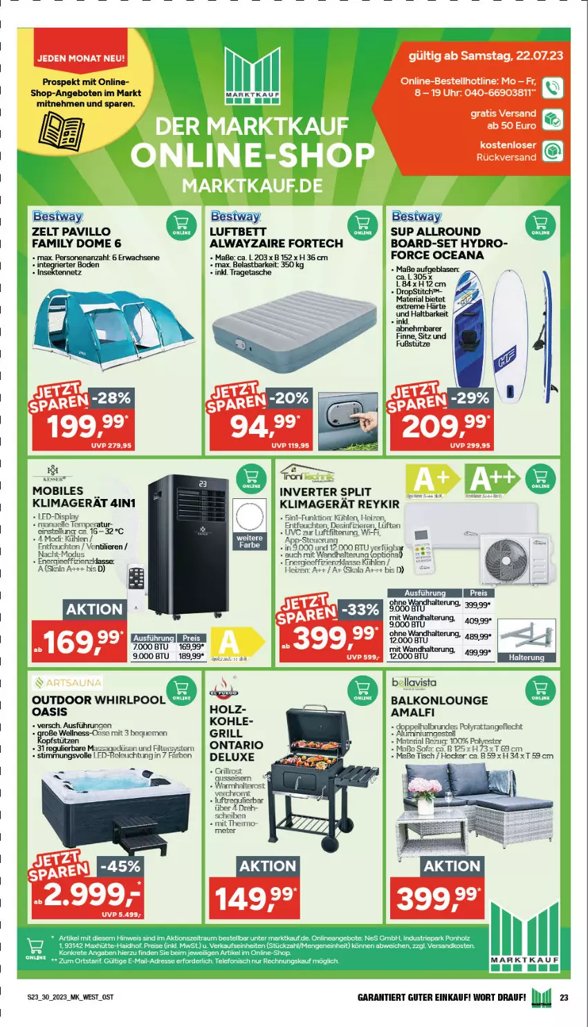 Aktueller Prospekt Marktkauf - Prospekt - von 23.07 bis 29.07.2023 - strona 23 - produkty: Alwa, angebot, angebote, bestway, bett, elle, grill, hocker, Holz, Insektennetz, klimagerät, LG, luftbett, pool, Ria, sekt, Sofa, Tasche, Ti, tisch, tragetasche, uhr, wandhalterung, Whirlpool, Zelt