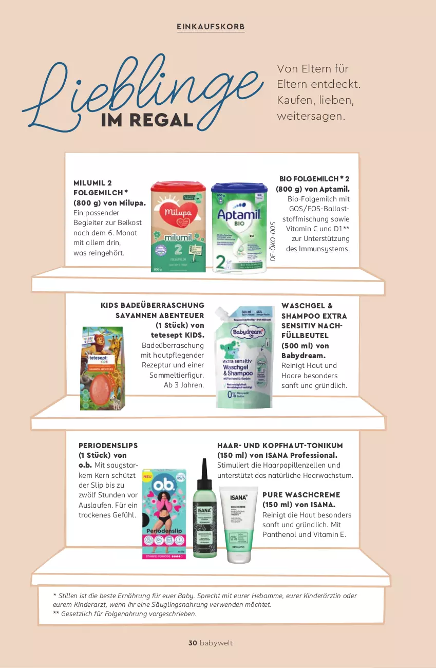 Aktueller Prospekt Rossmann - Prospekte - von 12.05 bis 06.07.2025 - strona 30 - produkty: babydream, Bad, ball, beutel, bio, creme, einkaufskorb, elle, ente, folgemilch, Hautpflege, isana, Kinder, korb, Laufen, LG, milch, milupa, O.b., Panthenol, regal, rezept, rwe, sana, shampoo, slip, slips, Ti, vita, Vitamin C, waschgel