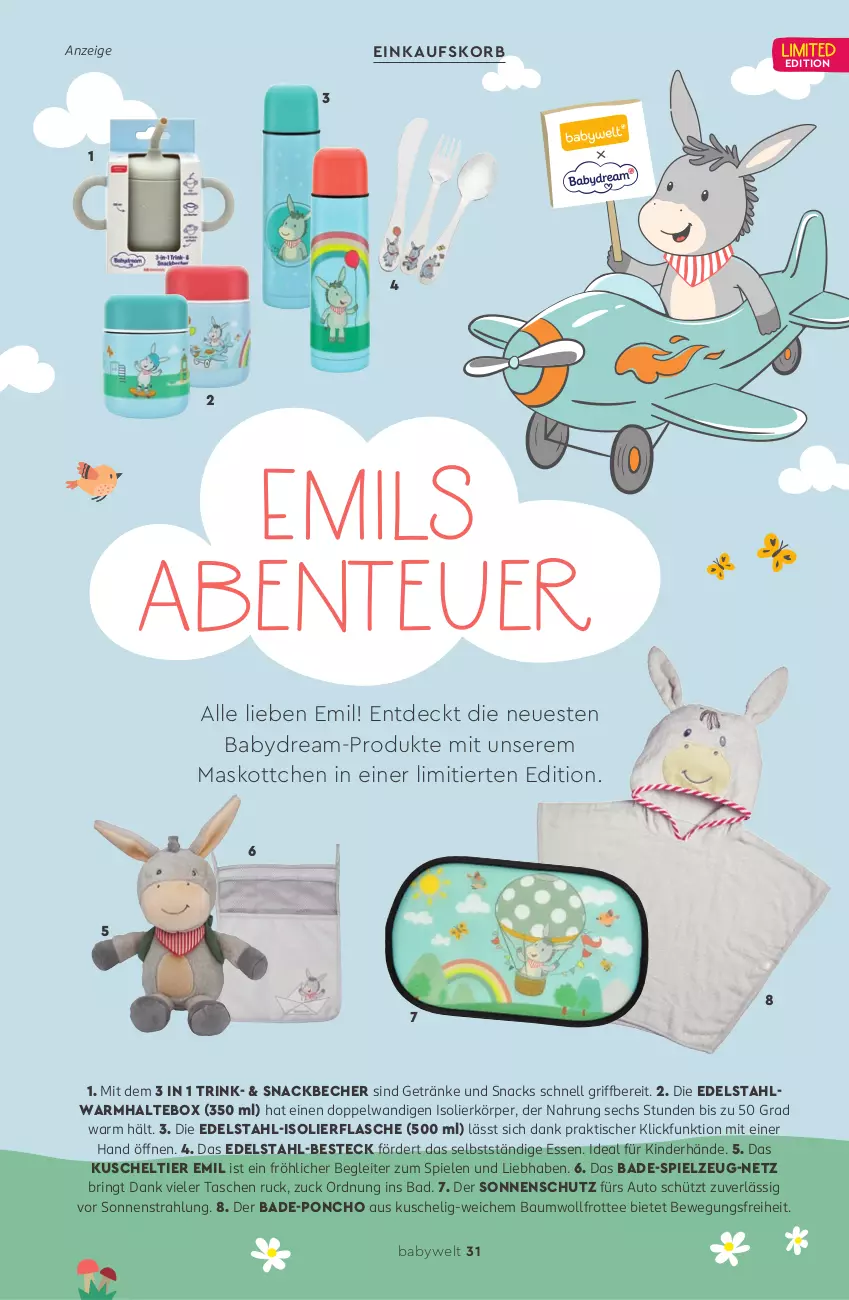 Aktueller Prospekt Rossmann - Prospekte - von 12.05 bis 06.07.2025 - strona 31 - produkty: auto, babydream, Bad, Bau, Becher, besteck, edelstahl, Edelstahl-Besteck, einkaufskorb, ente, flasche, getränk, getränke, isolierflasche, Kinder, korb, ring, snack, snacks, sonnenschutz, Spiele, spielzeug, Tasche, taschen, tee, Ti, tisch