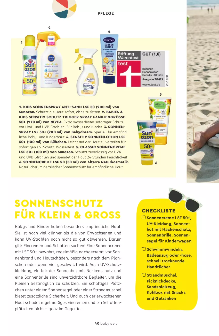 Aktueller Prospekt Rossmann - Prospekte - von 12.05 bis 06.07.2025 - strona 40 - produkty: alterra, Anzug, babydream, Bad, badeanzug, Brille, bübchen, creme, decke, ente, getränk, getränke, handtücher, hose, Kinder, Kinderwagen, kleid, Kleidung, kosmetik, kühlbox, Lätzche, leine, Lotion, natur, naturkosmetik, nivea, picknickdecke, rum, Sandspielzeug, Schütze, snack, snacks, sonnenbrille, sonnencreme, sonnenschutz, sonnensegel, sonnenspray, Spezi, spielzeug, Ti, tücher, uv-schutz, wasser, windeln