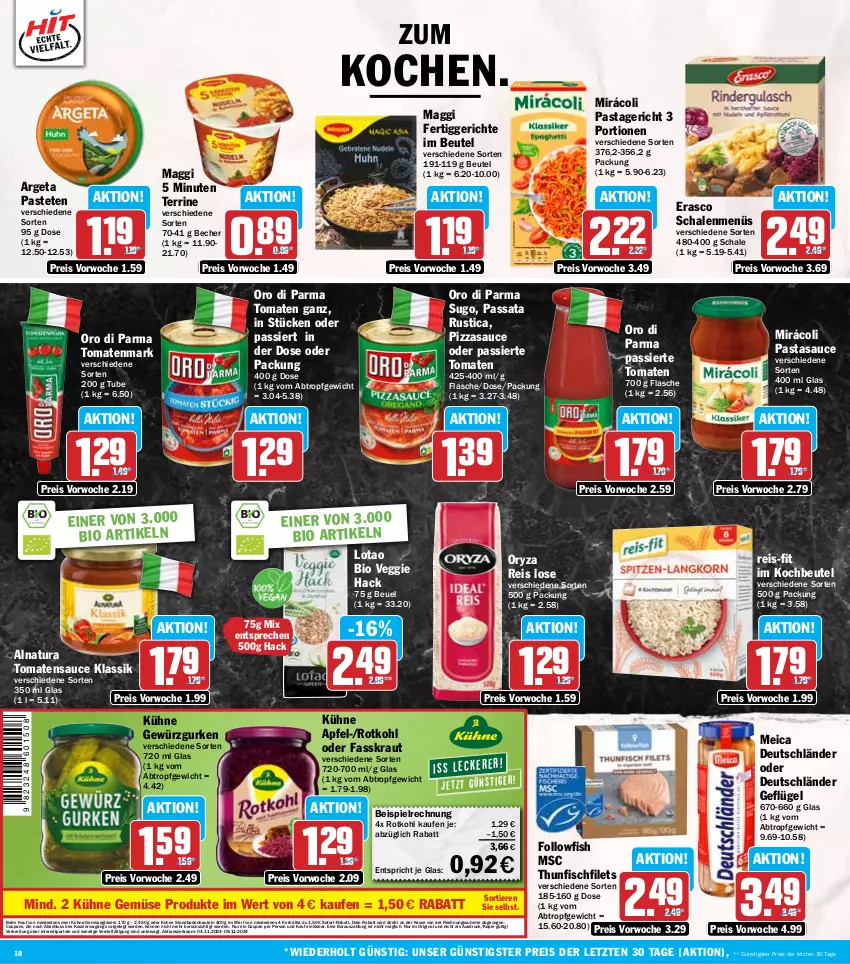 Aktueller Prospekt Hit - Wochenprospekt - von 04.11 bis 09.11.2024 - strona 10 - produkty: apfel, Becher, beutel, bio, Brei, coupon, coupons, eis, erasco, erde, fertiggericht, fertiggerichte, filet, filets, fisch, flasche, followfish, Geflügel, gewürz, Gewürzgurke, gewürzgurken, gin, Gläser, gurke, gurken, kochbeutel, Kraut, Kühne, maggi, meica, Mirácoli, natur, natura, oro di parma, oryza, pasta, Pastagericht, pastete, pizza, reis, reis-fit, rotkohl, sauce, Schal, Schale, sofort-rabatt, Sugo, terrine, thunfisch, Ti, Tiere, tomate, tomaten, tomatenmark, tomatensauce, veggie, ZTE