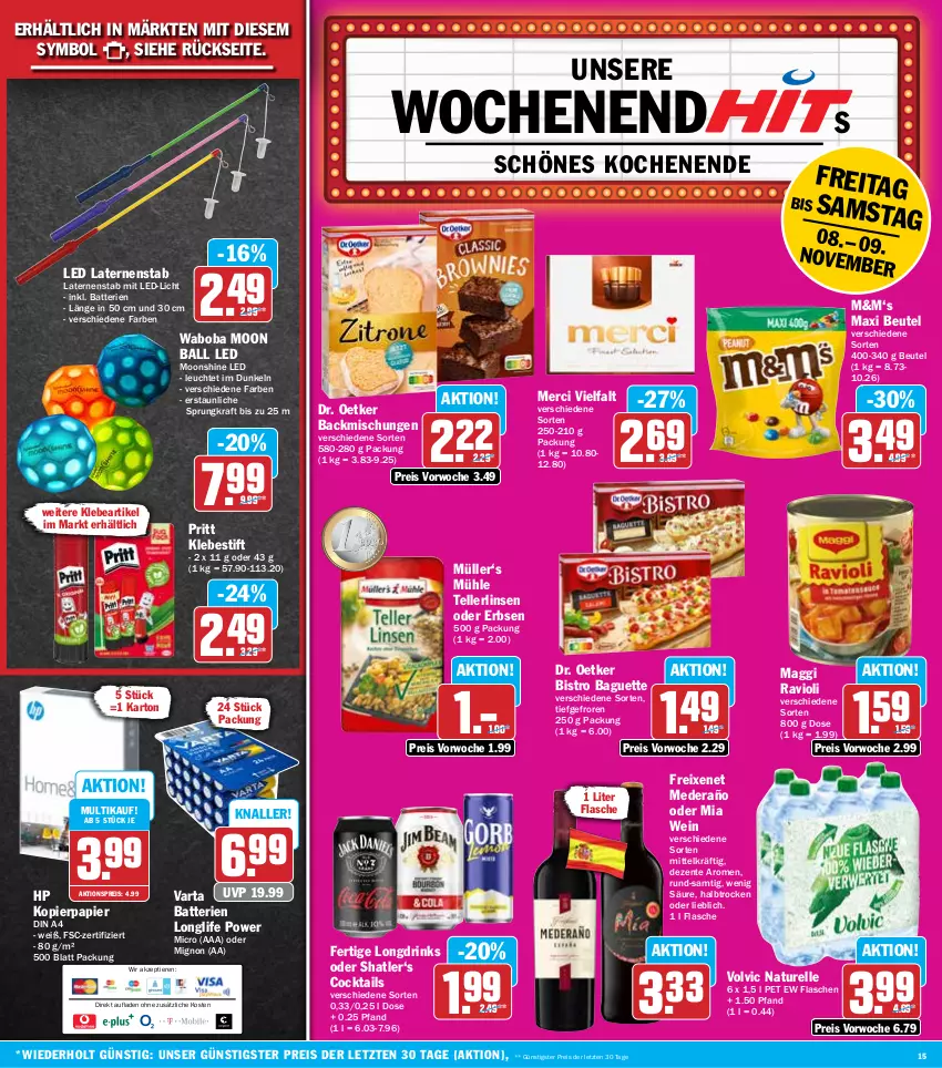 Aktueller Prospekt Hit - Wochenprospekt - von 04.11 bis 09.11.2024 - strona 15 - produkty: aktionspreis, backmischung, Backmischungen, baguette, ball, batterie, batterien, beutel, Bistro Baguette, cocktail, cocktails, din a4, Dr. Oetker, drink, drinks, eis, elle, ente, erbsen, flasche, freixenet, HP, kopierpapier, kraft, laterne, led-licht, Leuchte, linsen, longlife, maggi, merci, Müller, natur, papier, pritt, ravioli, reis, rel, teller, Ti, Tiere, varta, volvic, wein, ZTE