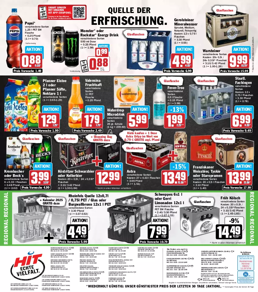 Aktueller Prospekt Hit - Wochenprospekt - von 04.11 bis 09.11.2024 - strona 16 - produkty: Alwa, angebot, angebote, Astra, auer, Bad, bier, bio, braun, burger, burgwallbronn, coupon, coupons, drink, eimer, eis, eistee, elle, energy drink, Engel, fever-tree, fisch, flasche, franziskaner, frucht, fruchtsaft, Früh Kölsch, gerolsteine, gerolsteiner, glasflasche, kellerbier, köstritzer, krombache, krombacher, limo, limonade, limonaden, Lübecker, mineralwasser, monster, natur, Nektar, pepsi, pfanne, Pfanner, Rauch, reis, rel, rheinfels quelle, Rockstar, saft, säfte, Schal, Schale, schweppes, Sprudel, Staatl. Fachingen, Staropramen, steiner, tee, Ti, tyskie, uhr, urtyp, valensina, warsteiner, wasser, weissbier, ZTE