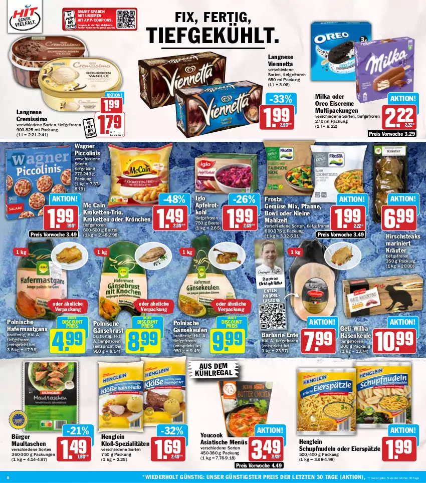 Aktueller Prospekt Hit - Wochenprospekt - von 04.11 bis 09.11.2024 - strona 8 - produkty: apfel, auer, aus dem kühlregal, beutel, coupon, coupons, creme, cremissimo, dell, discount, eier, eierspätzle, eis, eiscreme, ente, frosta, Gänsebrust, Gänsekeulen, Gemüse Mix, hafer, henglein, Hirschsteaks, iglo, Kette, Knödel, kräuter, Kroketten, kühlregal, langnese, langnese cremissimo, lasagne, leine, maultaschen, mc cain, milka, nudel, nudeln, oreo, pfanne, piccolinis, regal, reis, rotkohl, sim, Spezi, steak, steaks, Tasche, taschen, Ti, tisch, viennetta, wagner, Yo, YouCook, ZTE