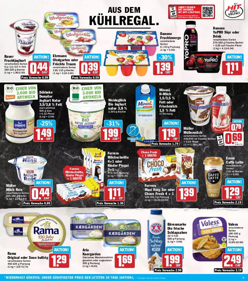 Aktueller Prospekt Hit - Wochenprospekt - von 04.11 bis 09.11.2024 - strona 9 - produkty: arla, auer, bärenmarke, Bau, Bauer, Becher, bio, caffè latte, choco fresh, coupon, coupons, danone, danone fruchtzwerge, drink, ehrmann, eis, emmi, ferrero, flasche, frucht, früchte, fruchtjoghurt, fruchtzwerge, Garten, gin, joghur, joghurt, Kinder, kinder pingui, kühlregal, latte, milch, Milchschnitte, Müller, müllermilch, natur, obst, obstgarten, pingui, rama, regal, reis, sahne, salz, schlagsahne, Skyr, söbbeke, Ti, Yo, ZTE