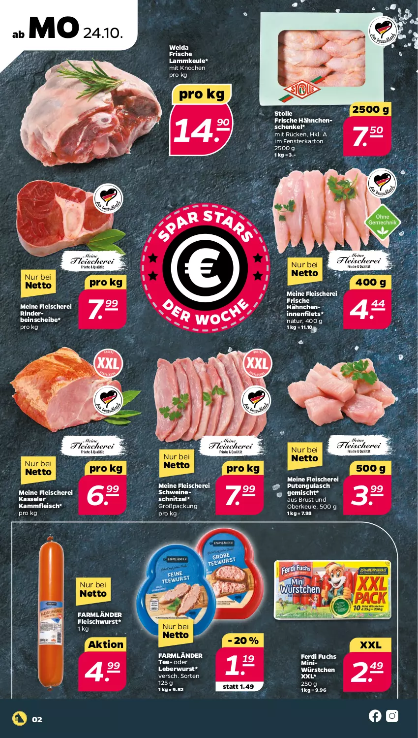 Aktueller Prospekt Netto - Woche 43 - von 24.10 bis 29.10.2022 - strona 2 - produkty: eis, fenster, ferdi fuchs, filet, filets, fleisch, Fleischerei, fleischwurst, Frische Hähnchen, gulasch, hähnchenschenkel, henkel, kasseler, lamm, lammkeule, leberwurst, natur, pute, rind, rinder, schenkel, Schere, schnitzel, schwein, schweine, schweineschnitzel, tee, Ti, wein, weine, wurst, würstchen