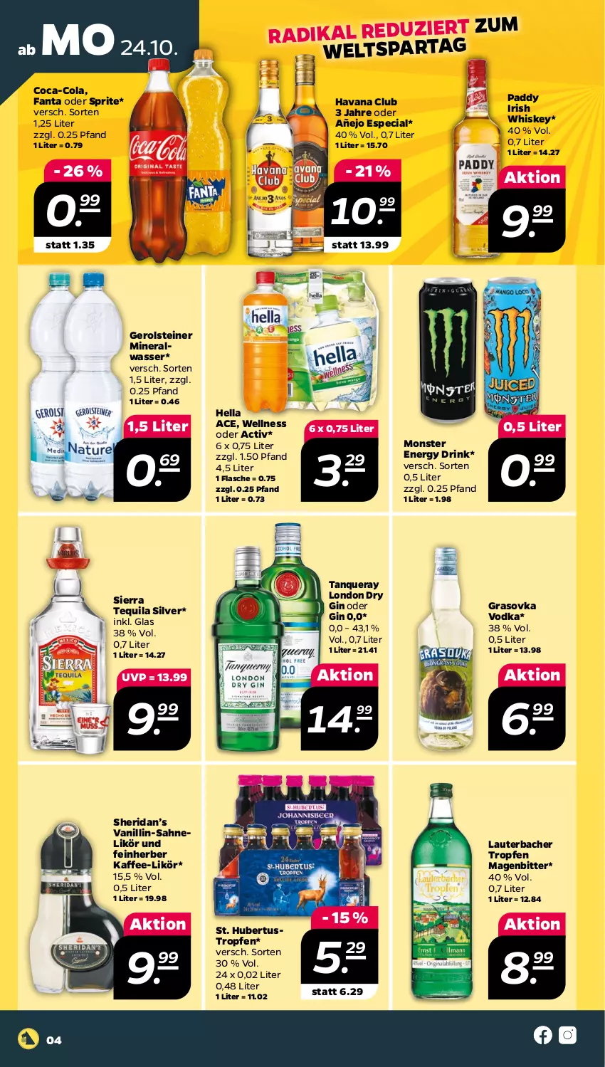 Aktueller Prospekt Netto - Woche 43 - von 24.10 bis 29.10.2022 - strona 4 - produkty: Alwa, coca-cola, cola, drink, dry gin, energy drink, fanta, fanta oder, fanta oder sprite, flasche, gerolsteine, gerolsteiner, gin, Havana Club, hella, irish whiskey, kaffee, likör, london dry, london dry gin, mineralwasser, monster, Monster Energy, oder sprite, sahne, Sierra, sierra tequila, sprite, steiner, Tanqueray, tequila, Ti, vodka, wasser, whiskey