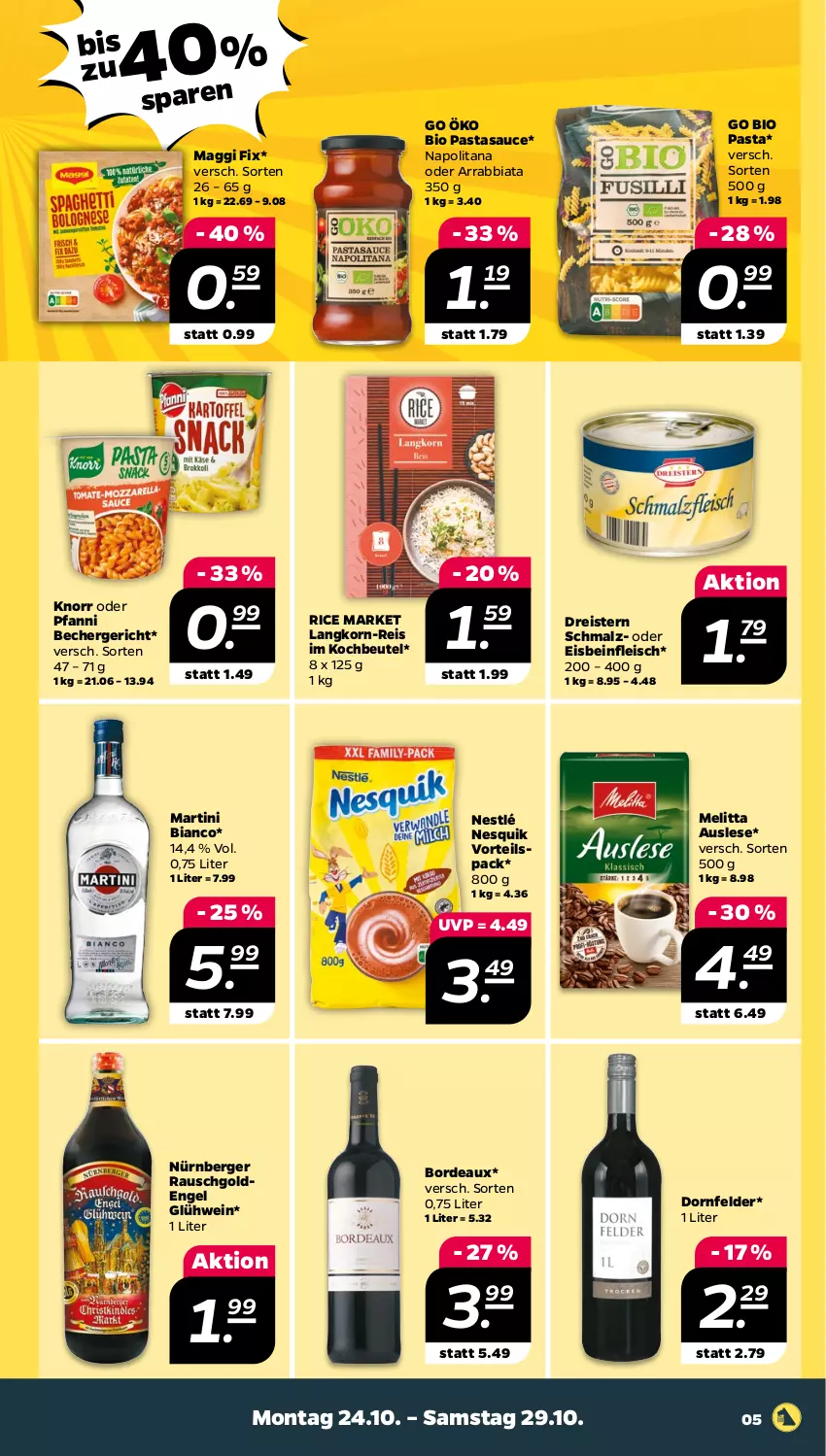 Aktueller Prospekt Netto - Woche 43 - von 24.10 bis 29.10.2022 - strona 5 - produkty: arrabbiata, Becher, Berger, beutel, bio, dornfelder, dreistern, eis, Engel, fleisch, Glühwein, knorr, kochbeutel, korn, maggi, maggi fix, malz, martini, melitta, nesquik, nestlé, nürnberger, pasta, pfanni, reis, sauce, Schmalz, Ti, wein