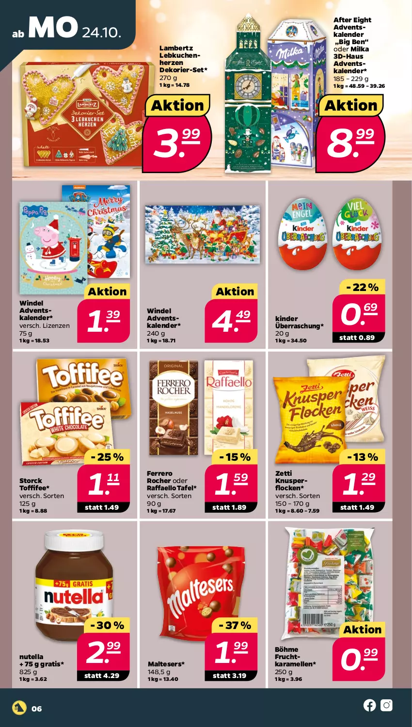 Aktueller Prospekt Netto - Woche 43 - von 24.10 bis 29.10.2022 - strona 6 - produkty: Adventskalender, after eight, Amber, elle, ferrero, Ferrero Rocher, frucht, karamell, Kinder, Knusperflocken, kuchen, lambertz, Lebkuchen, malteser, milka, nutella, raffaello, storck, Ti, toffifee