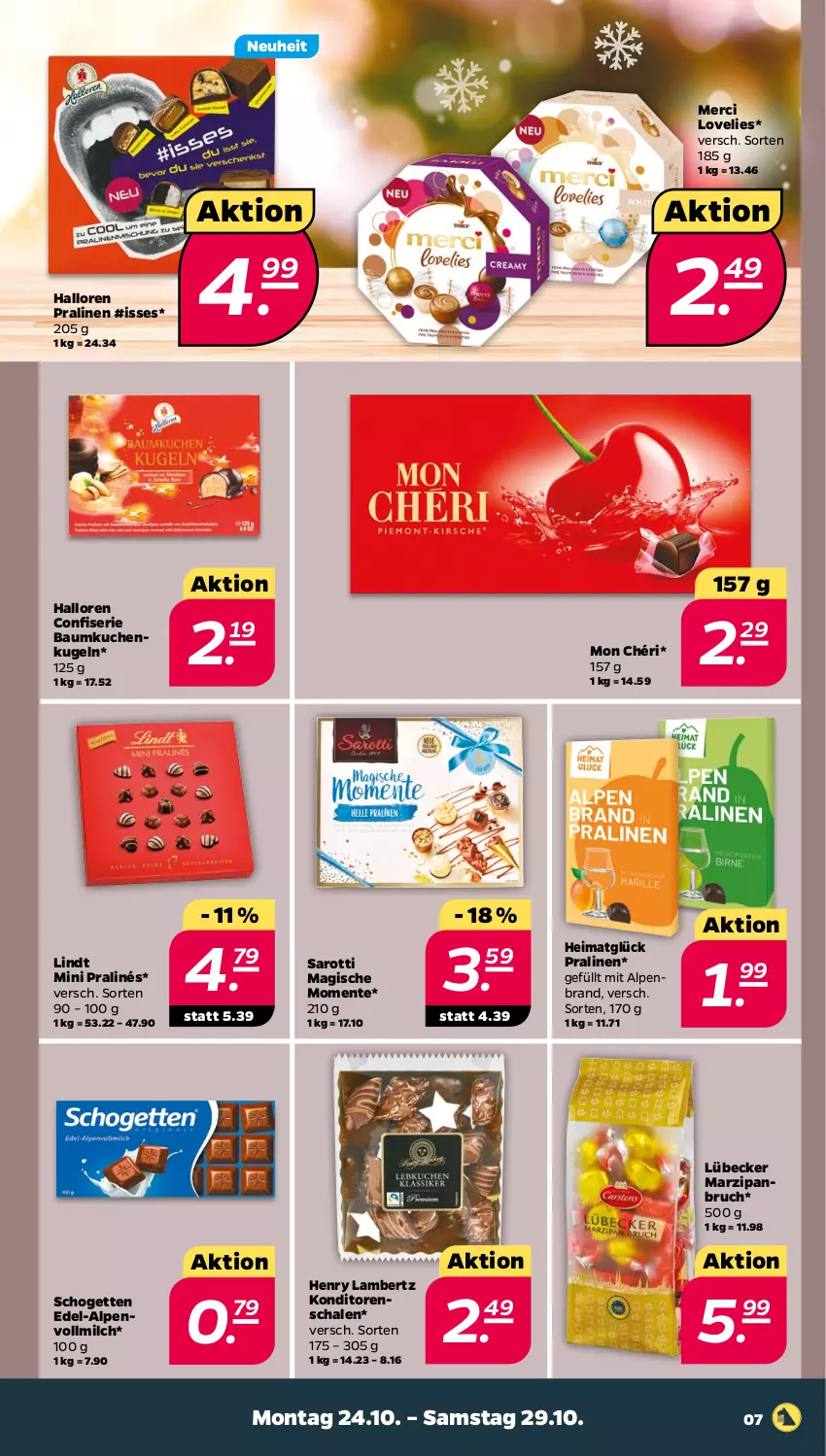 Aktueller Prospekt Netto - Woche 43 - von 24.10 bis 29.10.2022 - strona 7 - produkty: Amber, Bau, ente, kuchen, Kugel, lambertz, lindt, Lübecker, marzipan, merci, milch, mini pralinés, Mon Chéri, neuheit, pralinen, saro, sarotti, Schal, Schale, schogetten, Ti, vollmilch