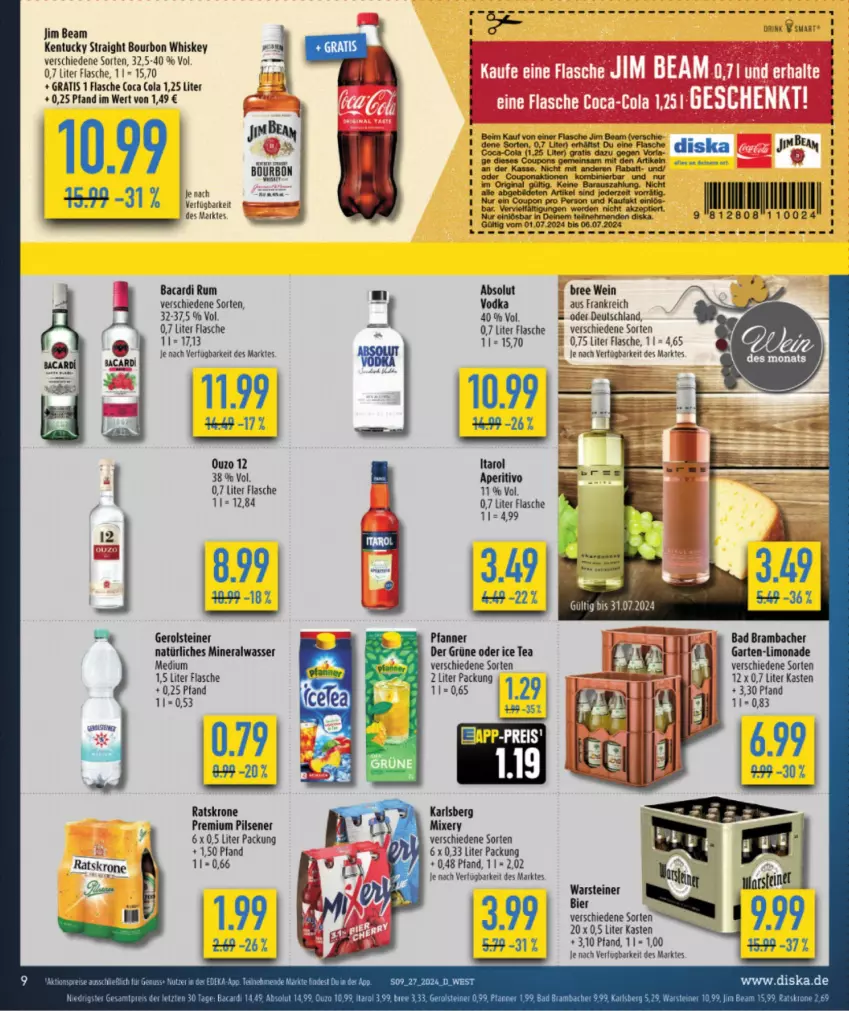 Aktueller Prospekt Diska - von 01.07 bis 06.07.2024 - strona 11 - produkty: Alwa, bacardi, bacardi rum, Bad, bier, bourbon, bourbon whiskey, bree, coca-cola, cola, coupon, coupons, drink, erde, flasche, Garten, gerolsteine, gerolsteiner, gin, ice tea, jim beam, karlsberg, kentucky straight, krone, limo, limonade, mineralwasser, Mixer, mixery, natürliches mineralwasser, pfanne, Pfanner, pils, pilsener, premium pils, rum, steiner, Ti, tuc, vodka, warsteiner, wasser, wein, whiskey