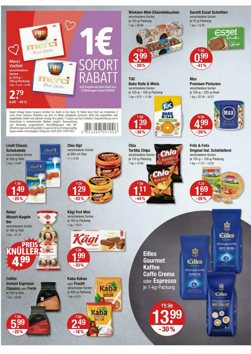 Aktueller Prospekt Vmarkt - Prospekte - von 18.09 bis 24.09.2025 - strona 12 - produkty: brot, caffe, chips, classico, coupon, coupons, dip, eis, espresso, felix, fritz, gin, kaffee, Kägi, kuchen, Kugel, Lebkuchen, lindt, Meister, pistazien, saro, sarotti, schnitten, schoko, schokolade, Ti, tortilla, Tortilla Chips, tuc, Tüte, WICK