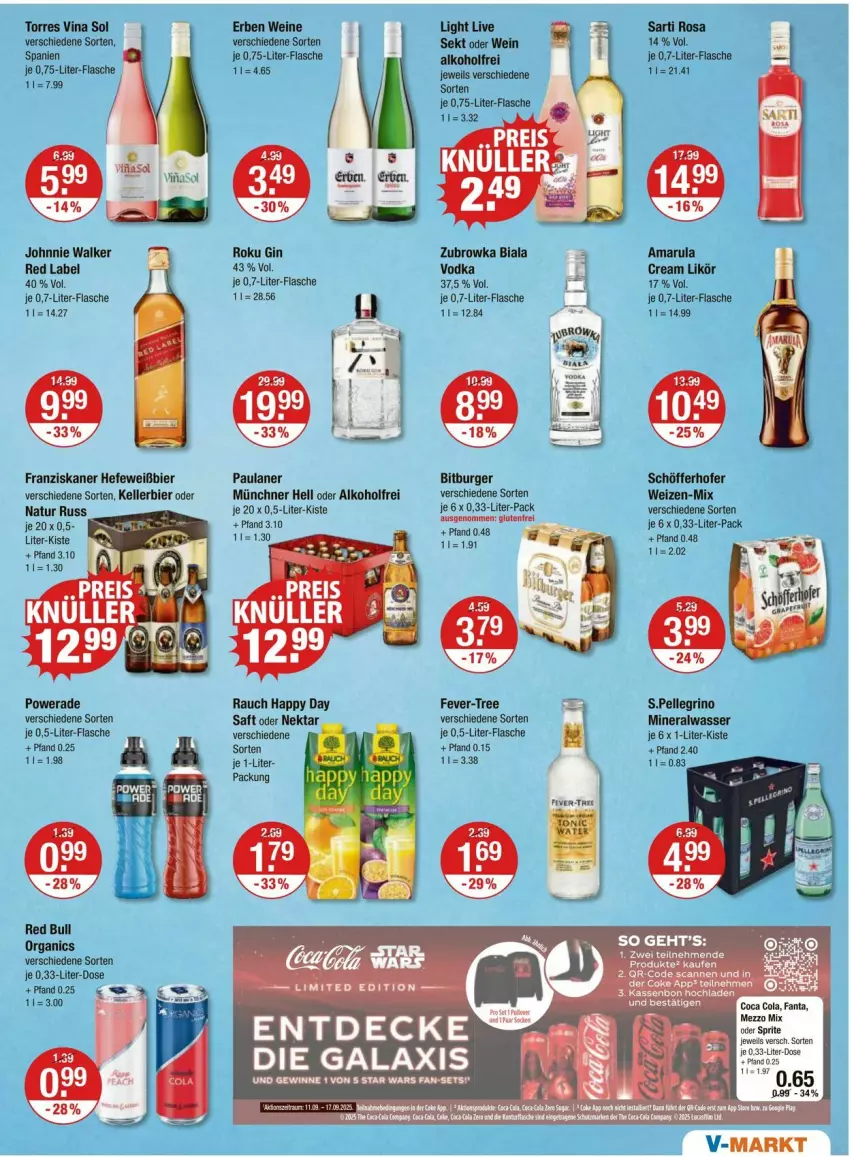 Aktueller Prospekt Vmarkt - Prospekte - von 18.09 bis 24.09.2025 - strona 13 - produkty: alkohol, Alwa, amarula, bier, bitburger, burger, cola, elle, fanta, fever-tree, flasche, franziskaner, gin, Happy Day, Hefe, johnnie walker, kellerbier, likör, Mezzo Mix, mineralwasser, natur, Nektar, oder sprite, Paula, paulaner, Rauch, red bull, saft, schöfferhofer, sekt, sprite, Ti, vodka, wasser, wein, weine