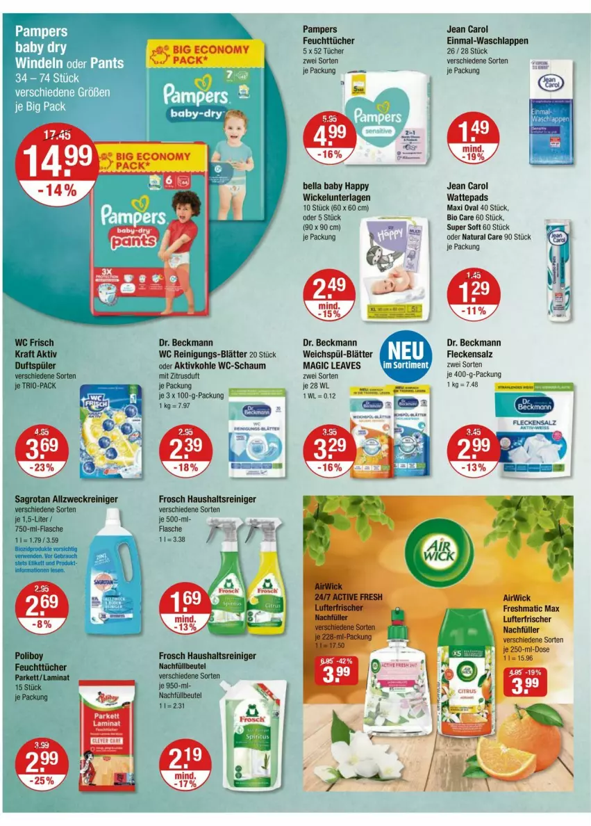 Aktueller Prospekt Vmarkt - Prospekte - von 18.09 bis 24.09.2025 - strona 16 - produkty: allzweckreiniger, beutel, bio, biozidprodukte, Dr. Beckmann, feuchttücher, flasche, Frosch, Jean Carol, laminat, natur, natura, pampers, Rauch, reiniger, Reinigung, rwe, sagrotan, salz, Ti, tücher, waschlappen, wattepads, weck, WICK, Wickelunterlage
