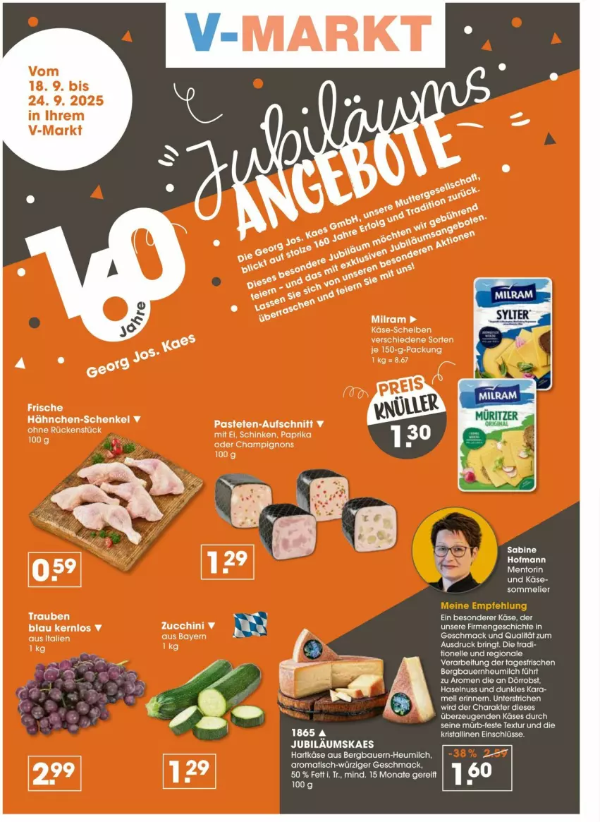Aktueller Prospekt Vmarkt - Prospekte - von 18.09 bis 24.09.2025 - strona 2 - produkty: auer, aufschnitt, Bau, Bauer, champignon, champignons, elle, ente, Frische Hähnchen, hähnchen-schenkel, hartkäse, haselnuss, henkel, Heu, heumilch, Jubiläums, kaes, Käse, mac, milch, milram, nuss, obst, paprika, pastete, ring, schenkel, schinken, tee, Ti, tisch, zucchini