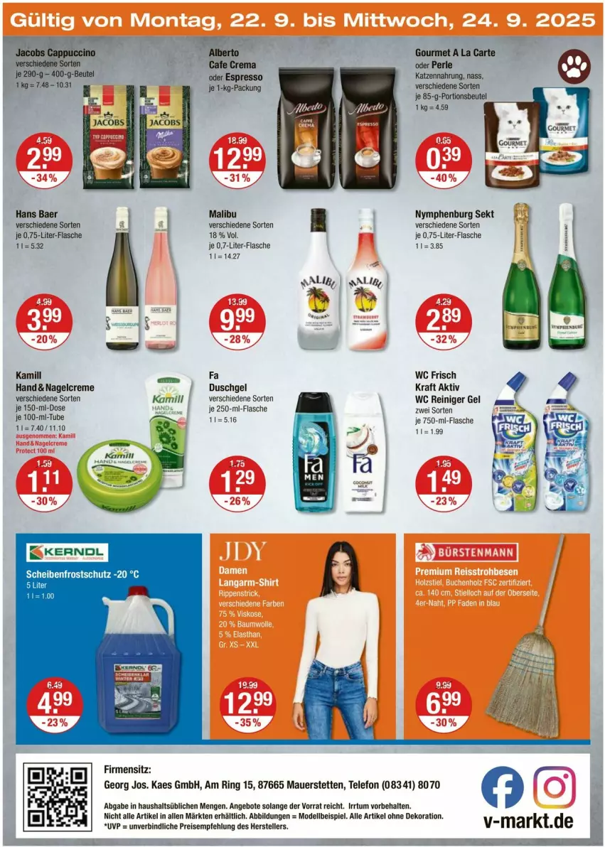 Aktueller Prospekt Vmarkt - Prospekte - von 18.09 bis 24.09.2025 - strona 28 - produkty: alle artikel ohne dekoration, angebot, angebote, auer, beutel, creme, dekoration, dell, duschgel, eis, espresso, fa duschgel, flasche, kaes, Kamill, katzennahrung, kraft, LG, Malibu, Mode, oder espresso, portionsbeutel, reiniger, reiniger gel, ring, Scheibenfrostschutz, sekt, telefon, Ti