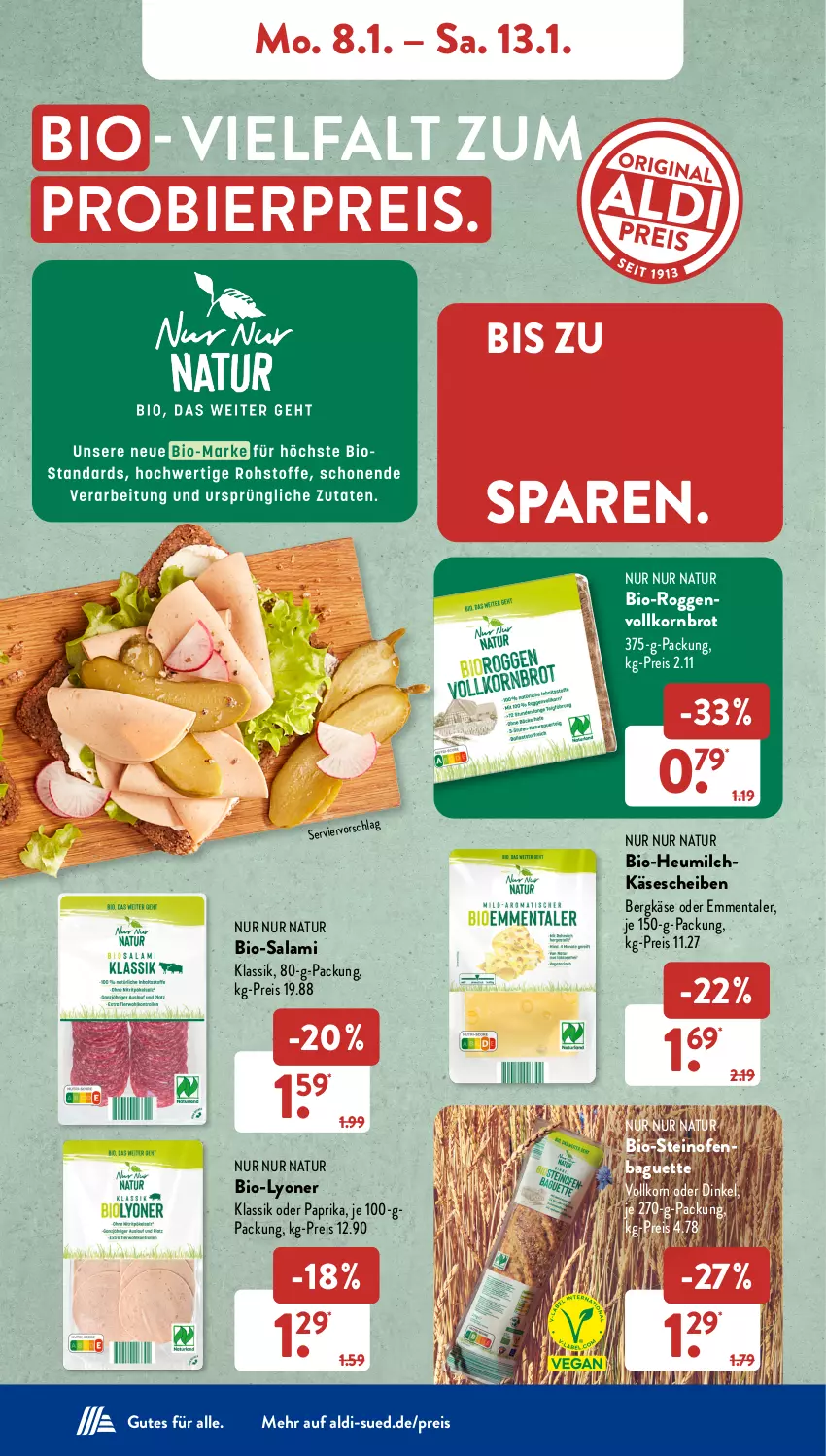 Aktueller Prospekt AldiSud - NÄCHSTE WOCHE - von 08.01 bis 13.01.2023 - strona 10 - produkty: aldi, baguette, Bergkäse, bier, bio, Bio-Salami, brot, eis, emmentaler, Heu, heumilch, Käse, käsescheiben, korn, Kornbrot, lyoner, milch, natur, Ofen, paprika, reis, salami, steinofen, vollkornbrot, Yo