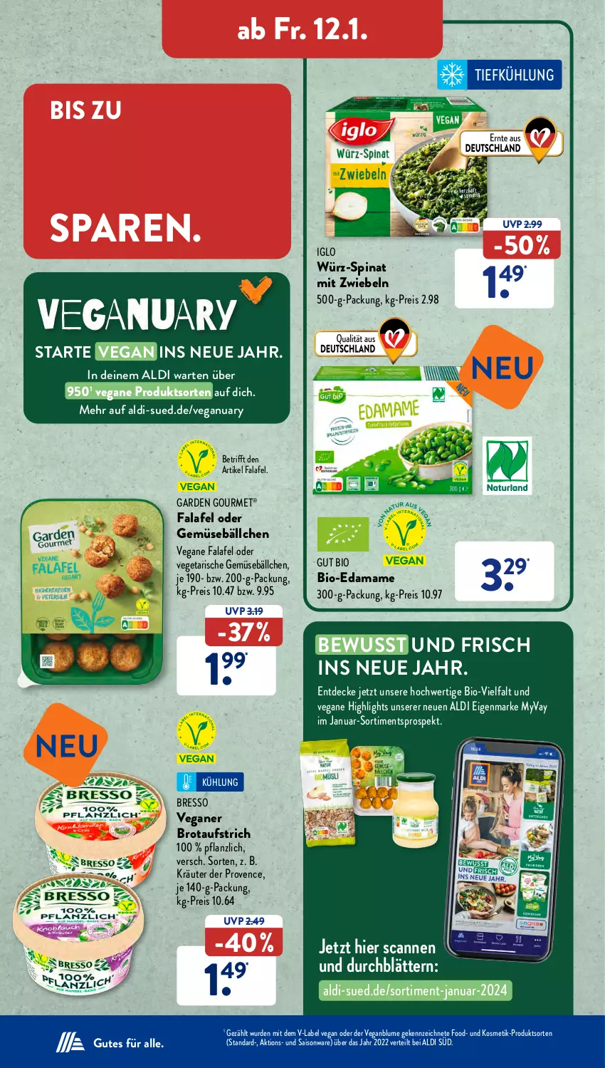 Aktueller Prospekt AldiSud - NÄCHSTE WOCHE - von 08.01 bis 13.01.2023 - strona 34 - produkty: aldi, aufstrich, bio, blume, bresso, brot, brotaufstrich, decke, eis, Falafel, garden gourmet, iglo, kosmetik, kräuter, mam, mit zwiebeln, reis, spinat, Ti, Vegeta, zwiebel, zwiebeln