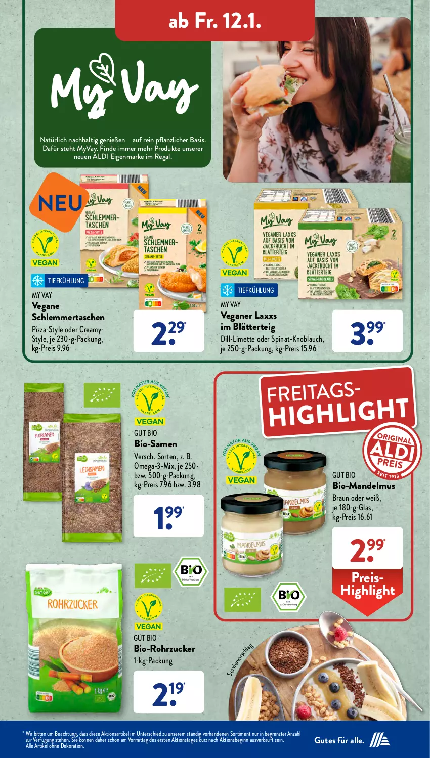 Aktueller Prospekt AldiSud - NÄCHSTE WOCHE - von 08.01 bis 13.01.2023 - strona 35 - produkty: aldi, alle artikel ohne dekoration, bio, blätterteig, braun, dekoration, eis, gin, je 250-g-packung, knoblauch, limette, mandel, Mandelmus, Mett, omega, Omega-3, pizza, regal, reis, rohrzucker, spinat, Tasche, taschen, Ti, ZTE, zucker