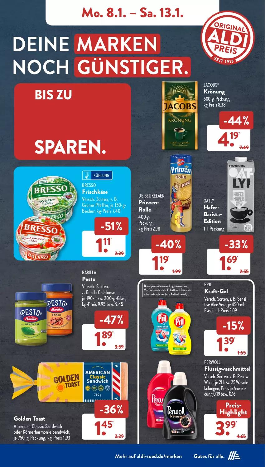 Aktueller Prospekt AldiSud - NÄCHSTE WOCHE - von 08.01 bis 13.01.2023 - strona 7 - produkty: aldi, aloe vera, barilla, Becher, bio, biozidprodukte, bresso, de beukelaer, eis, flasche, frischkäse, golden toast, hafer, jacobs, Käse, kraft, perwoll, pesto, pfeffer, pril, prinzenrolle, Rauch, reis, rwe, sandwich, Ti, toast, waschmittel, wolle