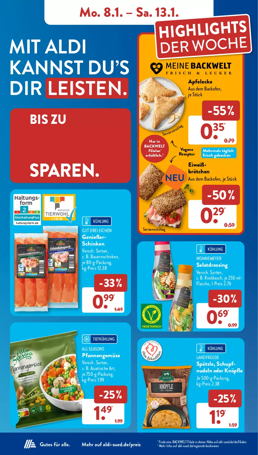 Aktueller Prospekt AldiSud - NÄCHSTE WOCHE - von 08.01 bis 13.01.2023 - strona 8 - produkty: aldi, apfel, auer, backofen, backwaren, Bau, Bauer, Bauernschinken, brötchen, dressing, eis, flasche, geback, knoblauch, nudel, nudeln, Ofen, pfanne, pfannen, reis, rezept, salat, salatdressing, schinken, Ti, tisch