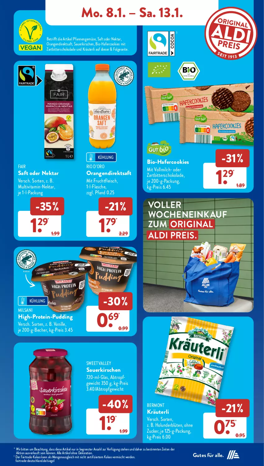 Aktueller Prospekt AldiSud - NÄCHSTE WOCHE - von 08.01 bis 13.01.2023 - strona 9 - produkty: aldi, alle artikel ohne dekoration, auer, Becher, bio, Blüte, cookie, cookies, dekoration, direktsaft, eis, erde, flasche, fleisch, frucht, fruchtfleisch, gin, hafer, Hafercookies, holunder, holunderblüte, kakao, kirsch, kirsche, kirschen, kräuter, LG, milch, mit frucht, Nektar, orange, orangen, pfanne, pfannen, pudding, reis, saft, sauerkirschen, schoko, schokolade, Ti, vanille, vita, vollmilch, Zartbitterschokolade, ZTE, zucker