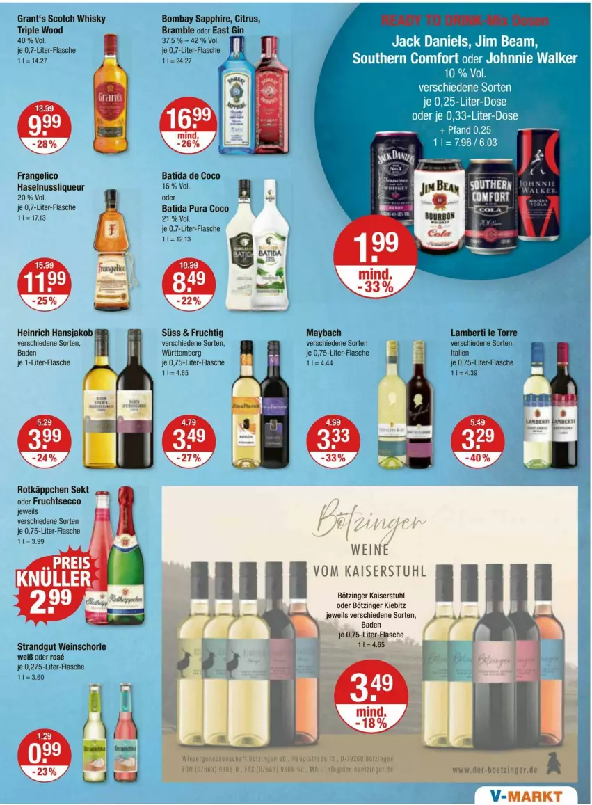 Aktueller Prospekt Vmarkt - Prospekte - von 01.02 bis 07.02.2024 - strona 11 - produkty: Amber, Bad, batida, bombay sapphire, citrus, ecco, fisch, fische, flasche, frangelico, frucht, fruchtsecco, gin, Grant‘s, haselnuss, jako, je 1-liter-flasche, johnnie walker, Kaiser, liqueur, maybach, nuss, rotkäppchen, sapphire, schorle, scotch, scotch whisky, sekt, Southern Comfort, stuhl, Ti, wein, weine, weinschorle, whisky