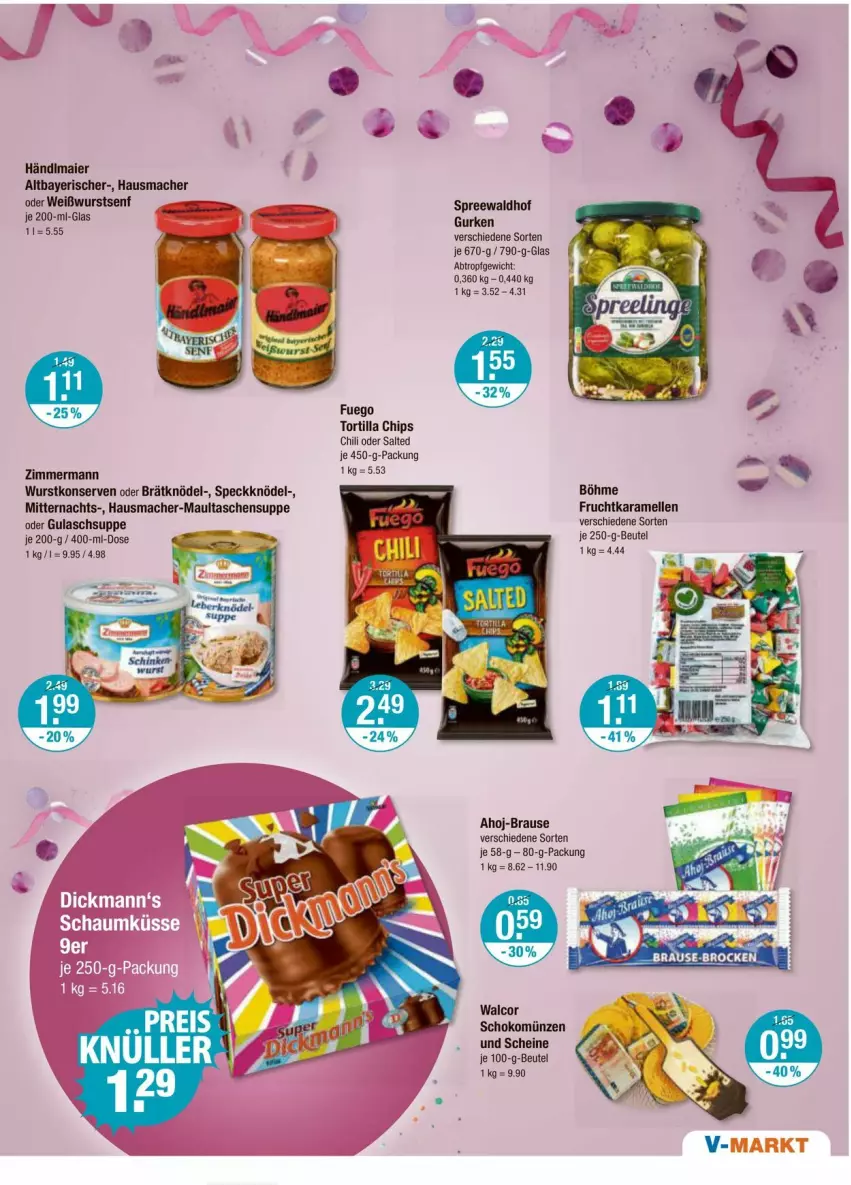 Aktueller Prospekt Vmarkt - Prospekte - von 01.02 bis 07.02.2024 - strona 15 - produkty: ahoj-brause, beutel, brause, chili, chips, elle, frucht, gulasch, Gulaschsuppe, gurke, gurken, Hausmacher, karamell, Knödel, Konserven, mac, maultaschen, schoko, senf, Speck, spreewaldhof, suppe, Tasche, taschen, tee, Ti, tortilla, Tortilla Chips, Weißwurst, wurst, wurstkonserven