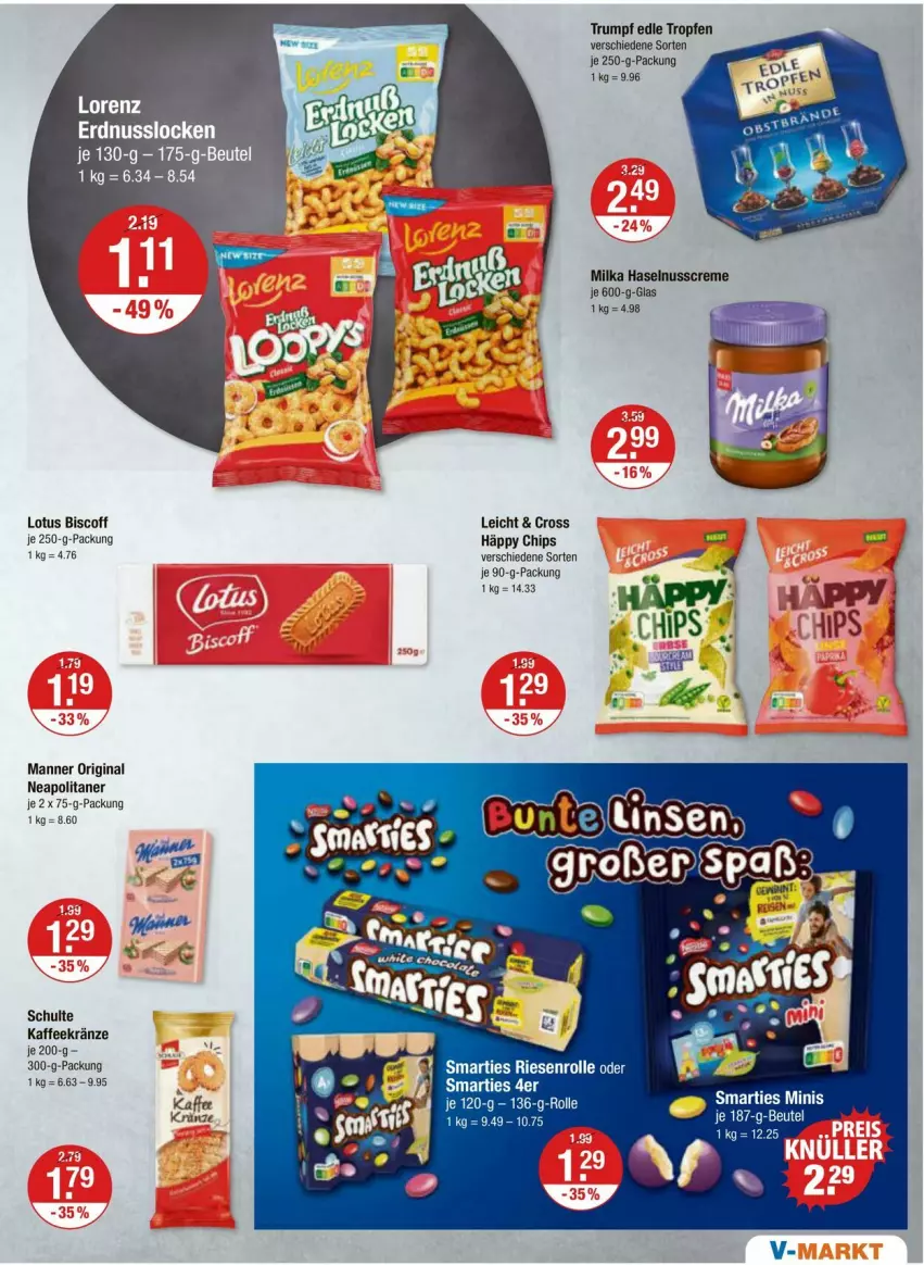 Aktueller Prospekt Vmarkt - Prospekte - von 01.02 bis 07.02.2024 - strona 9 - produkty: biscoff, chips, creme, gin, haselnuss, Haselnusscreme, je 250-g-packung, kaffee, Manner, milka, nuss, rum, smarties, Ti