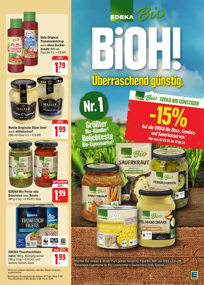 Aktueller Prospekt Edeka - Prospekte - von 31.08 bis 07.09.2024 - strona 21 - produkty: auer, bio, coupon, coupons, deka, Dijon Senf, edeka bio, eis, filet, filets, fisch, flasche, genovese, gin, Hela, ketchup, Kraut, lebensmittel, maille, mango, natur, pesto, rabatt-coupon, reis, rel, Sauerkraut, senf, thunfisch, Ti, tomate, tomaten, tomatenketchup, ZTE, zucker