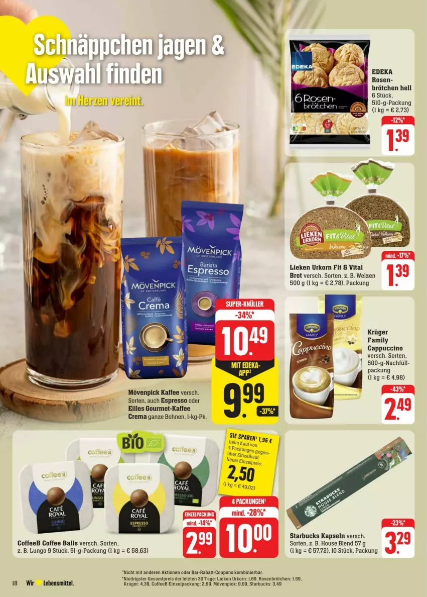 Aktueller Prospekt Edeka - Prospekte - von 31.08 bis 07.09.2024 - strona 22 - produkty: ball, bohne, bohnen, brot, brötchen, caffe, Cap, cappuccino, cin, coupon, coupons, deka, eilles gourmet, eis, espresso, espresso oder, kaffee, korn, krüger, lebensmittel, lieken, lungo, mövenpick, mövenpick kaffee, rabatt-coupon, reis, rosen, starbucks, Ti, urkorn, vita, ZTE