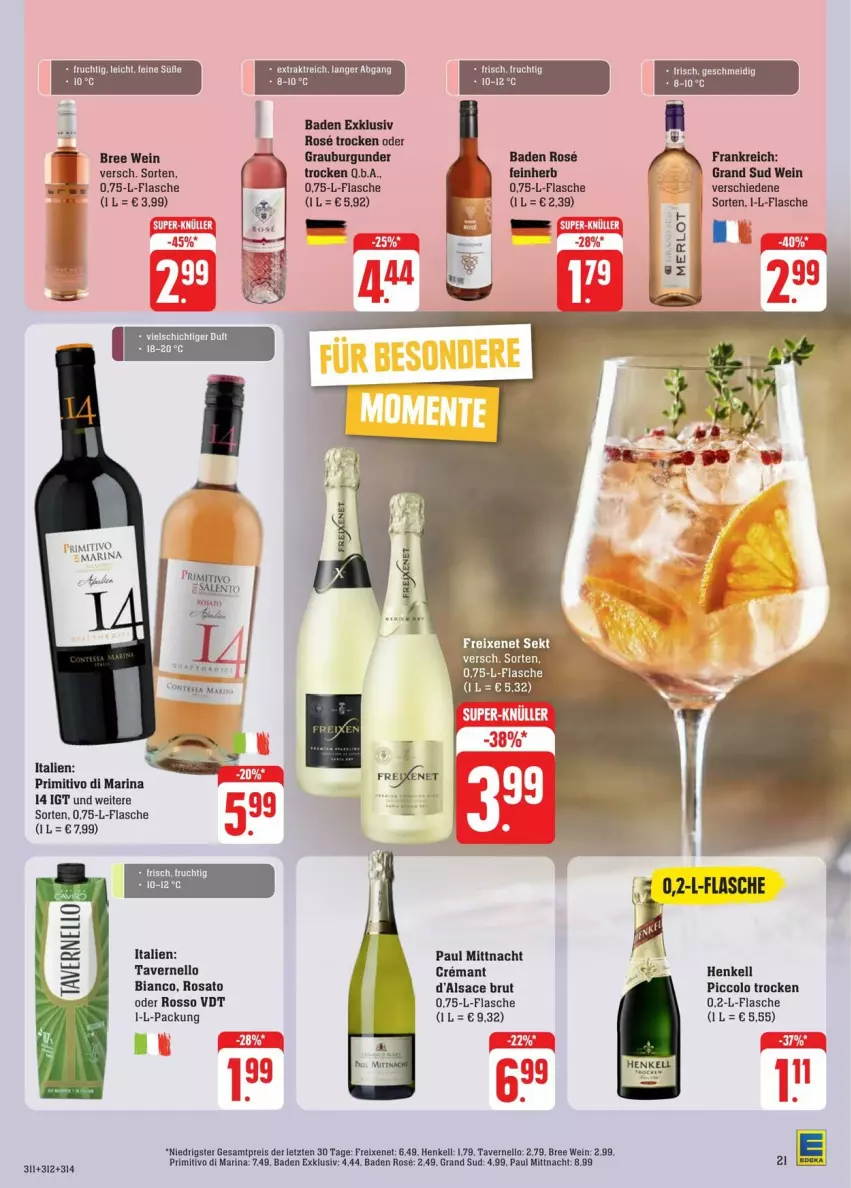 Aktueller Prospekt Edeka - Prospekte - von 31.08 bis 07.09.2024 - strona 25 - produkty: Bad, bree, brut, burgunder, eis, flasche, freixenet, grand sud, grauburgunder, henkel, henkell, merl, merlot, primitivo, reis, rosato, sac, sekt, tee, Ti, vernel, wein