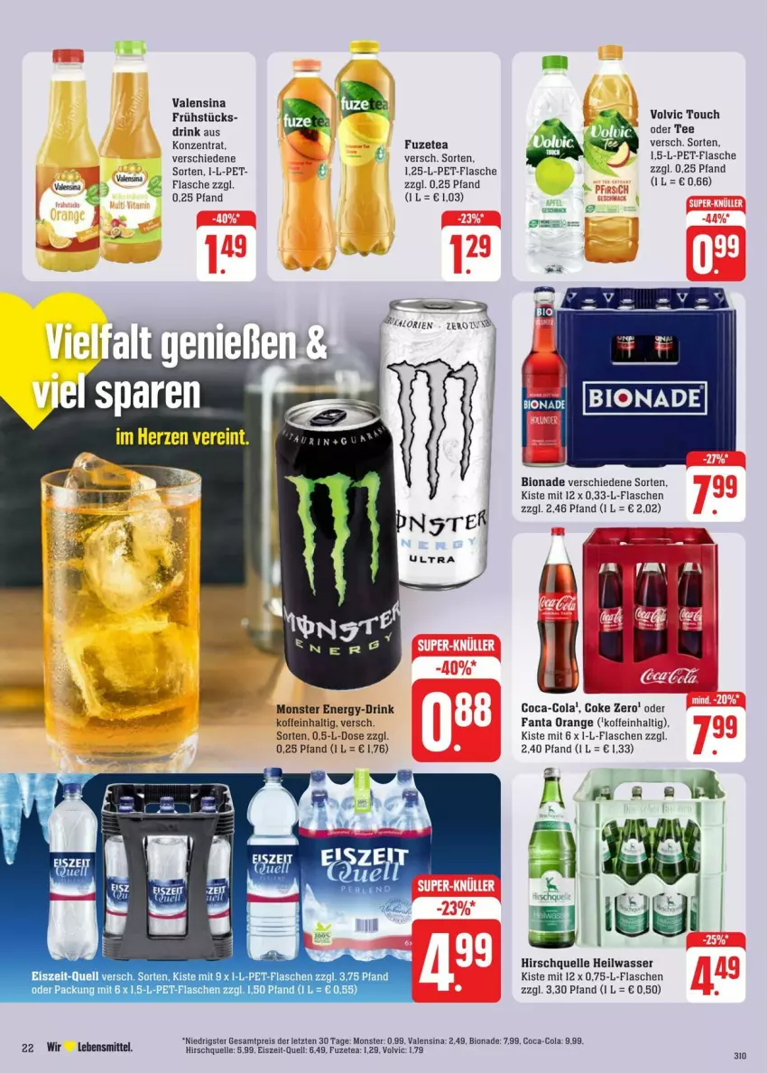 Aktueller Prospekt Edeka - Prospekte - von 31.08 bis 07.09.2024 - strona 26 - produkty: bio, bionade, coca-cola, cola, drink, eis, elle, fanta, flasche, fuzetea, lebensmittel, monster, Monster Energy, orange, pet-flasche, pet-flaschen, reis, tee, Ti, valensina, volvic, wasser, ZTE