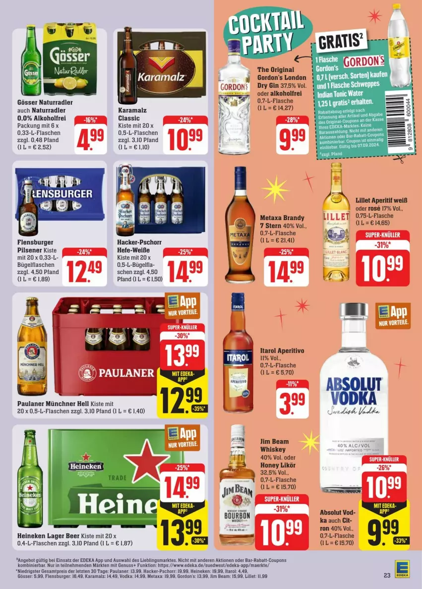 Aktueller Prospekt Edeka - Prospekte - von 31.08 bis 07.09.2024 - strona 27 - produkty: alkohol, angebot, aperitif, bügel, bügelflasche, burger, coupon, coupons, deka, eis, flasche, flensburger, gin, gordon, gordon's, gösser, Hefe, heineken, jim beam, karamalz, LG, likör, lillet, malz, Metaxa, natur, nuss, Paula, paulaner, pils, pilsener, rabatt-coupon, radler, rama, reis, schweppes, Ti, vodka, whiskey, ZTE