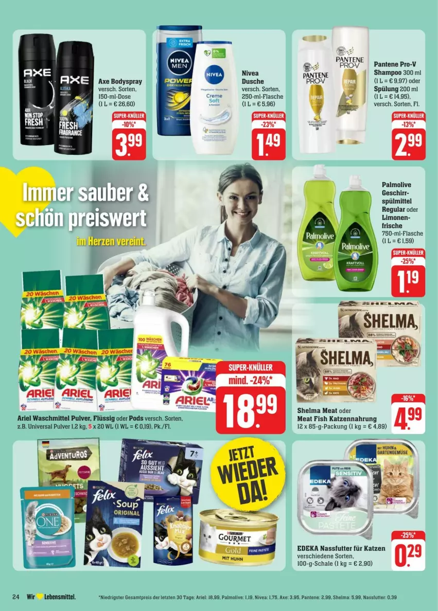 Aktueller Prospekt Edeka - Prospekte - von 31.08 bis 07.09.2024 - strona 28 - produkty: ariel, ariel waschmittel, axe, body, bodyspray, deka, dusche, eis, flasche, geschirr, katzennahrung, lebensmittel, limo, limonen, nassfutter, nivea, olive, palmolive, pantene, pantene pro-v, Pods, pro-v, reis, Schal, Schale, shampoo, spülmittel, spülung, spülung 200 ml, Ti, universal pulver, waschmittel, ZTE