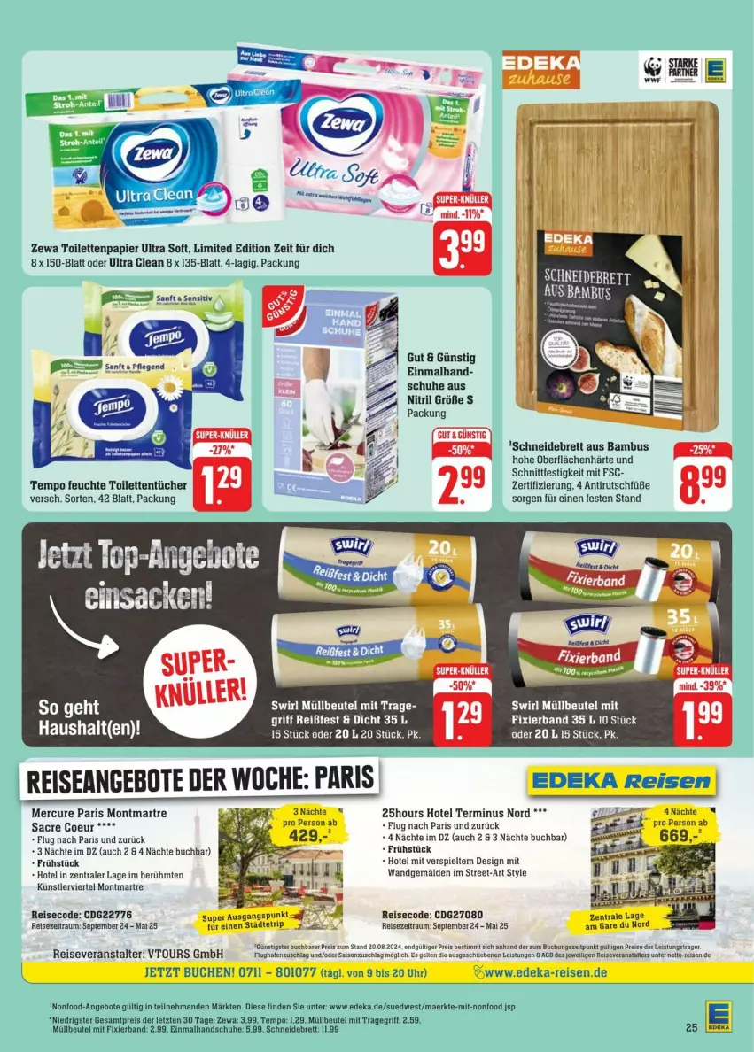 Aktueller Prospekt Edeka - Prospekte - von 31.08 bis 07.09.2024 - strona 29 - produkty: angebot, angebote, bambus, beutel, buch, cin, deka, eis, handschuhe, müllbeutel, papier, reis, reiseveranstalter, sac, schneidebrett, schuhe, swirl, Tempo, Ti, toilettenpapier, toilettentücher, tragegriff, tücher, uhr, zewa, ZTE