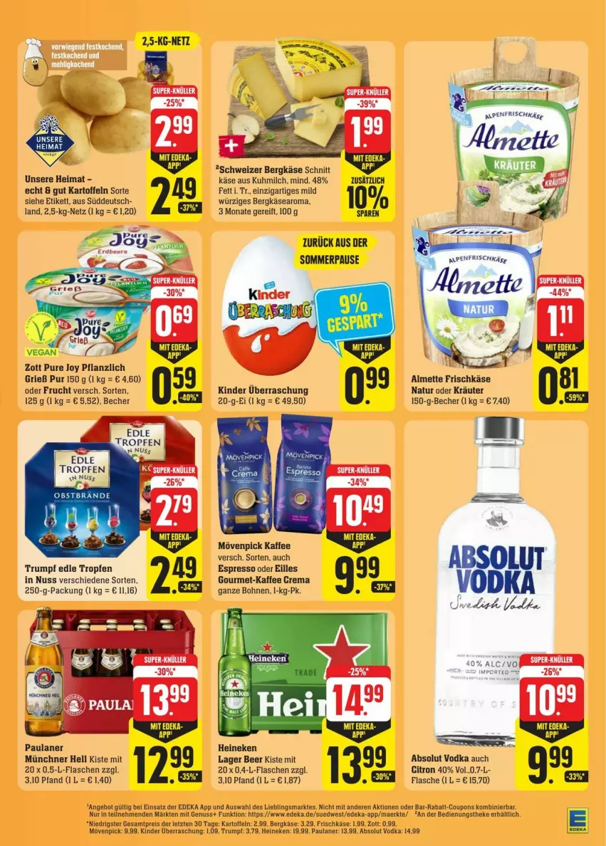 Aktueller Prospekt Edeka - Prospekte - von 31.08 bis 07.09.2024 - strona 35 - produkty: Absolut Vodka, almette, angebot, Becher, Bergkäse, bohne, bohnen, coupon, coupons, deka, eilles gourmet, eis, espresso, espresso oder, flasche, frischkäse, frucht, heineken, kaffee, kartoffel, kartoffeln, Käse, Kinder, kräuter, Mett, milch, mövenpick, mövenpick kaffee, natur, nuss, oder kräuter, Paula, paulaner, reis, rum, Ti, vodka, zott, ZTE