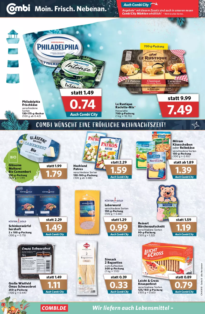 Aktueller Prospekt Combi - Prospekte - von 20.12 bis 24.12.2021 - strona 10 - produkty: angebot, angebote, aufschnitt, baguette, baguettes, Becher, bio, brot, camembert, frischkäse, Gläser, hochland, Holz, Käse, käsescheiben, latte, Le Rustique, lebensmittel, leberwurst, milram, patros, philadelphia, Reibekäse, reinert, schinken, Schwarzbrot, sinnack, Ti, würfel, wurst