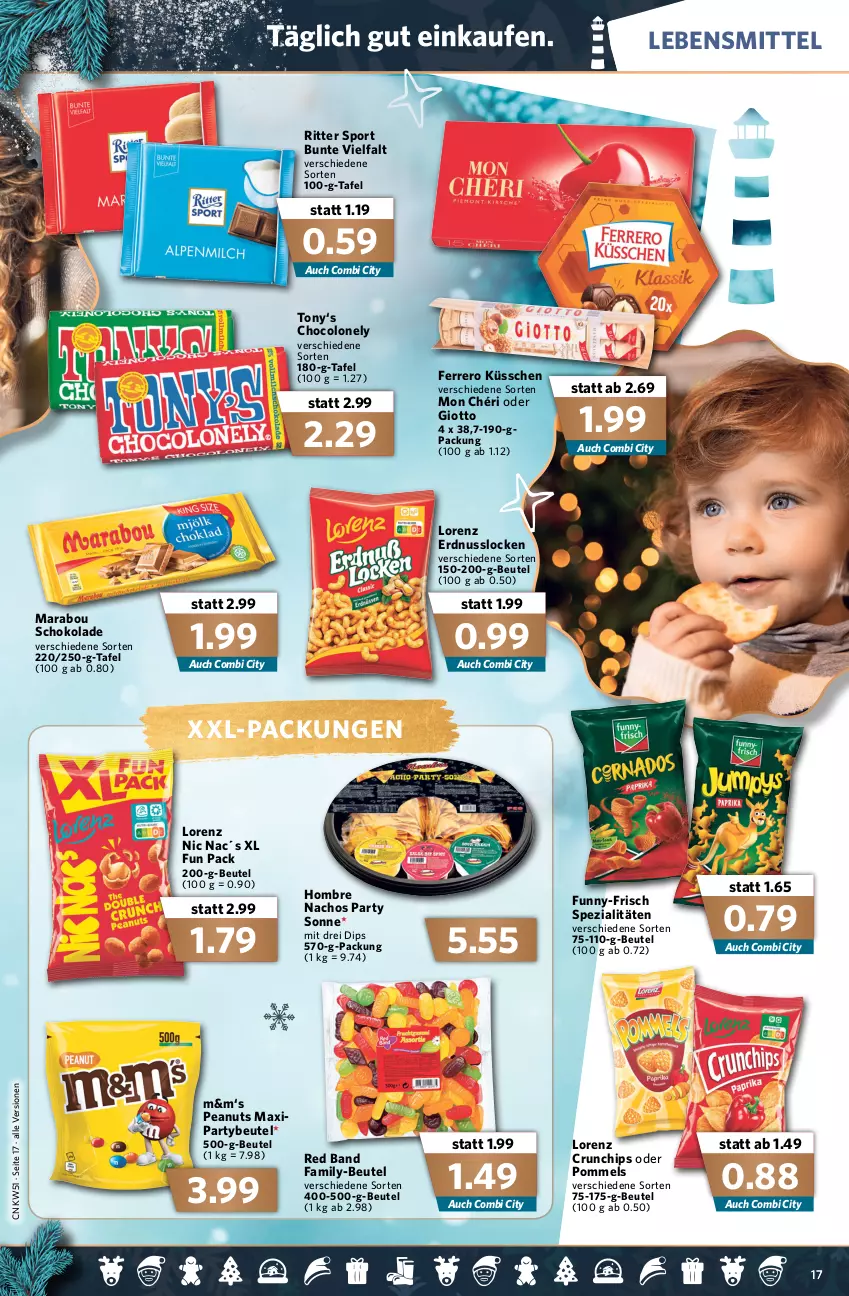 Aktueller Prospekt Combi - Prospekte - von 20.12 bis 24.12.2021 - strona 19 - produkty: beutel, chips, crunchips, dip, erdnuss, ferrero, Ferrero Küsschen, funny-frisch, giotto, lebensmittel, lorenz, lorenz crunchips, Marabou, Mon Chéri, nacho, Nachos, nuss, Pommels, ritter, ritter sport, schoko, schokolade, Spezi, Sport, xxl-packung