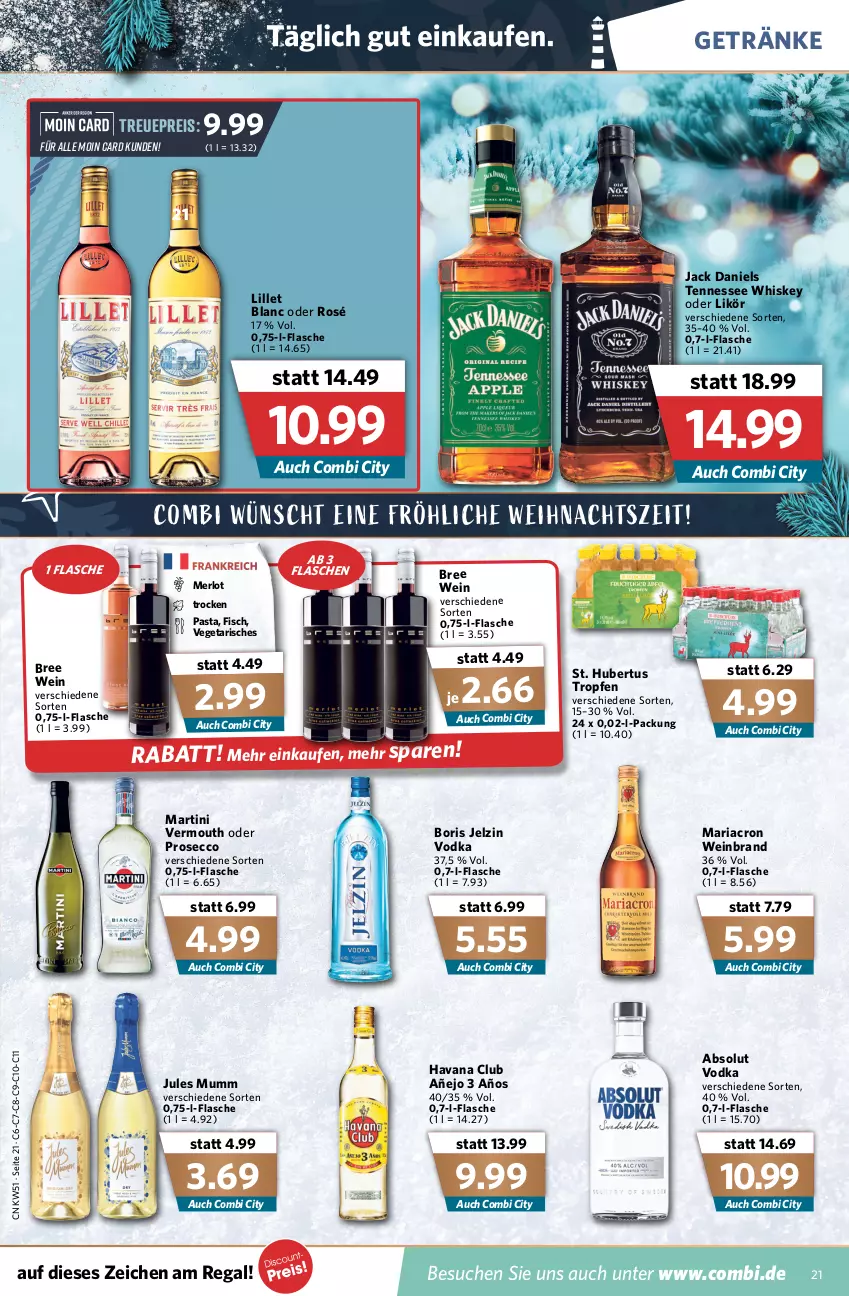 Aktueller Prospekt Combi - Prospekte - von 20.12 bis 24.12.2021 - strona 23 - produkty: Absolut Vodka, Boris Jelzin, bree, ecco, eis, fisch, flasche, getränk, getränke, Havana Club, jack daniel, jack daniels, jelzin, jules mumm, likör, lillet, mariacron, martini, merl, merlot, mumm, pasta, prosecco, regal, reis, Ria, tennessee whiskey, Ti, Vegeta, Vermouth, vodka, wein, weinbrand, whiskey